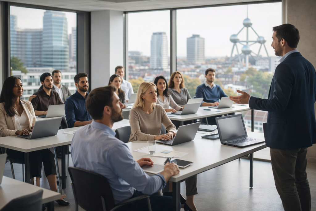 Formation en Belgique : adultes suivant une formation professionnelle dans un environnement moderne, dans une démarche de reconversion.