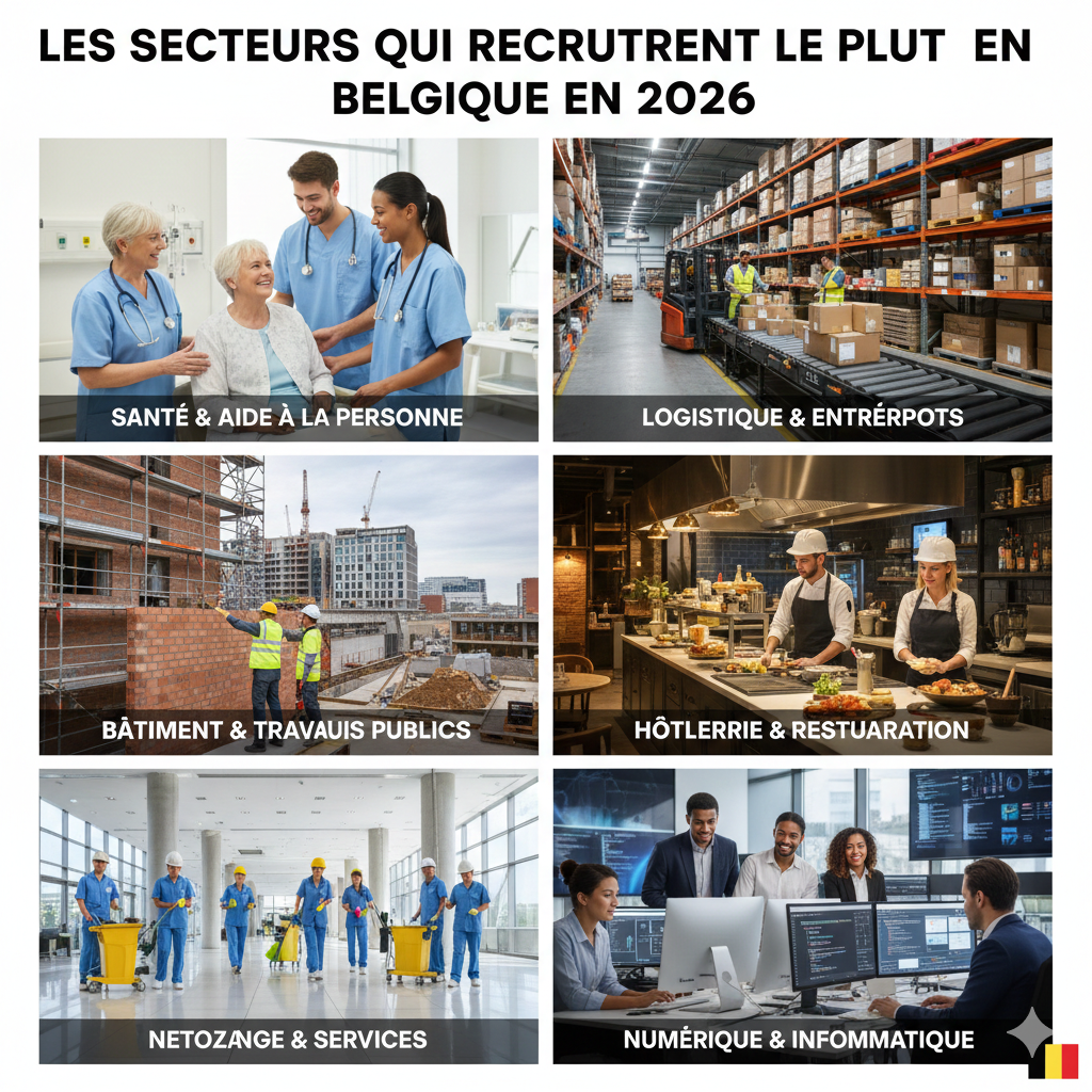 Secteurs qui recrutent le plus en Belgique en 2026 : santé et aide à la personne, logistique et entrepôts, bâtiment et travaux publics, hôtellerie et restauration, nettoyage et services, numérique et informatique.
