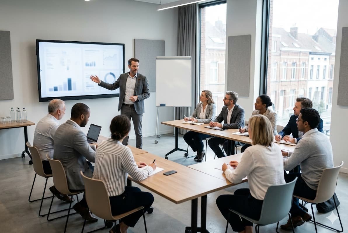 Formateur présentant un cours à un groupe d’adultes en salle