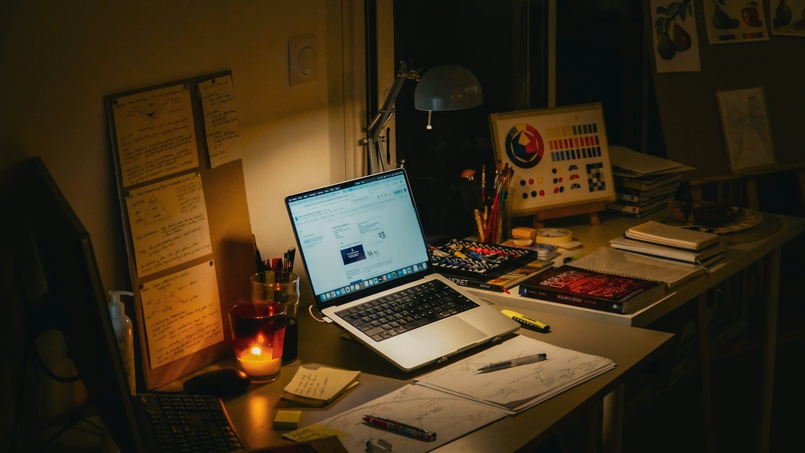 Bureau de travail avec ordinateur portable, livres et carnet d’étude